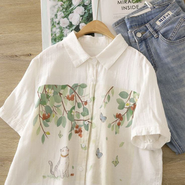 Nature-Inspired Cat & Butterfly Print Linen Shirt 🐱🦋🌿