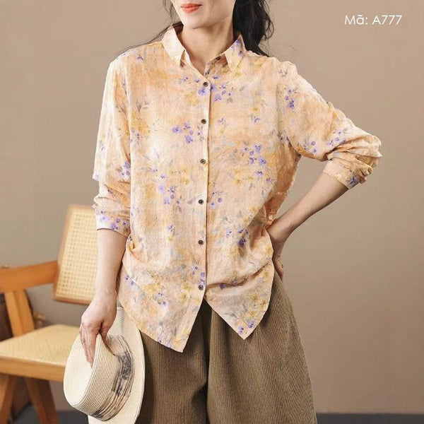 💛 Pastel Yellow & Lavender Floral Linen Shirt
