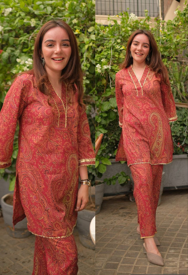 🍂 Classic Charm – Red Paisley Co-ord Set 🌿