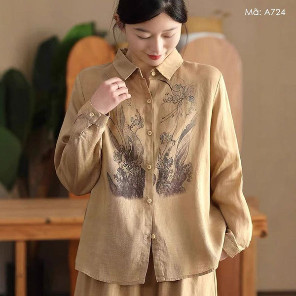🌿 Elegant Beige Floral Linen Shirt – Breezy & Timeless