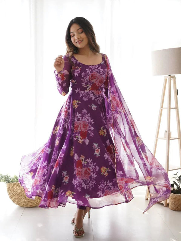 🌸 Blooming Purple Floral Anarkali 🌿 | Lightweight & Breezy
