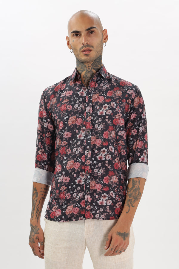 Men's Floral Printed Viscose Black Shirt (M13)