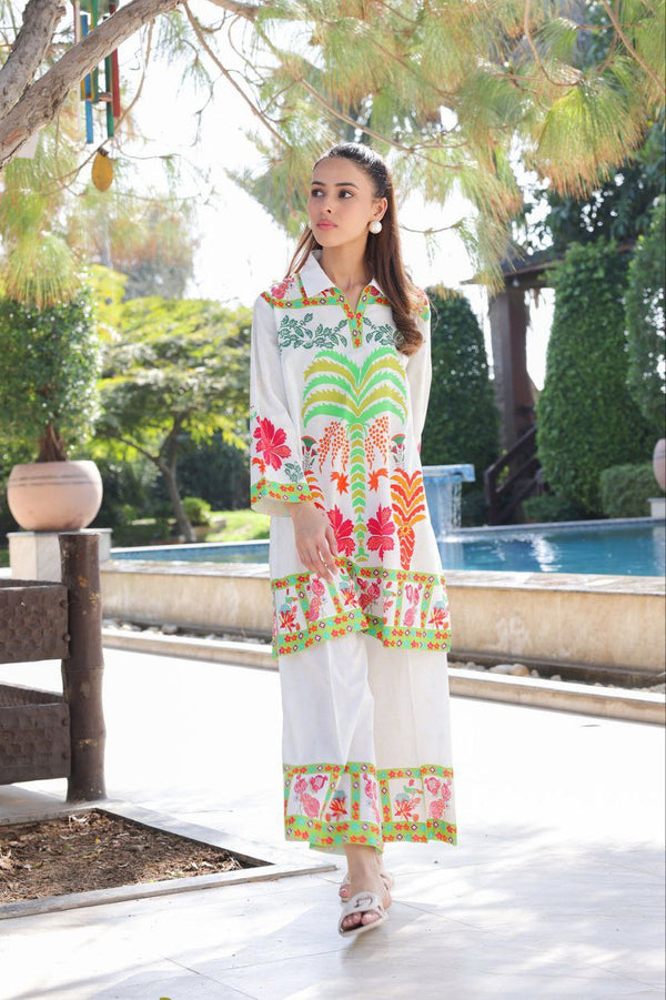 🌴 Tropical Bloom – White & Multicolor Co-ord Set 🌺