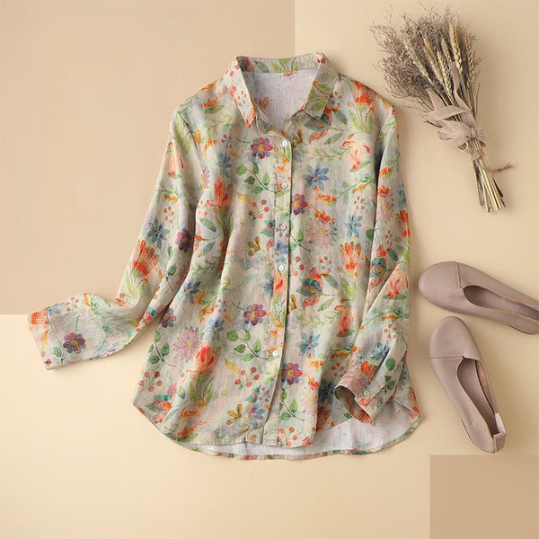 🌸 Women’s Floral Print Cotton Linen Shirt