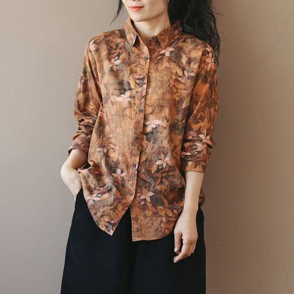 🍂 Autumn Brown Floral Linen Shirt – Rustic & Elegant