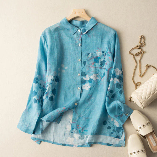 🌸 Breezy Blue Floral Linen Shirt – Casual Elegance