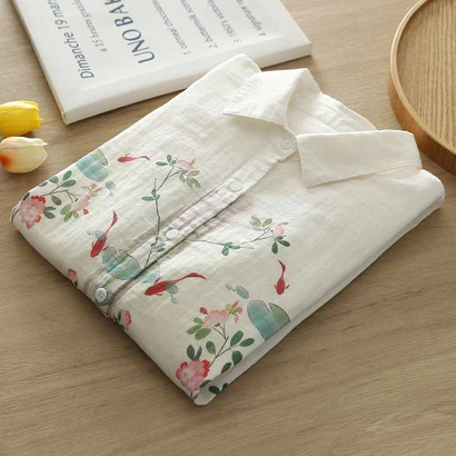 🌸 Women’s White Shirt with Floral & Koi Fish Print 🐟✨