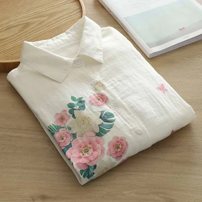 🌸 White Linen Floral Shirt – Graceful & Timeless