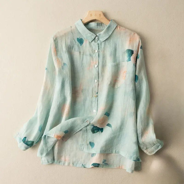 🌿 Pastel Mint Floral Linen Shirt – Effortless Elegance